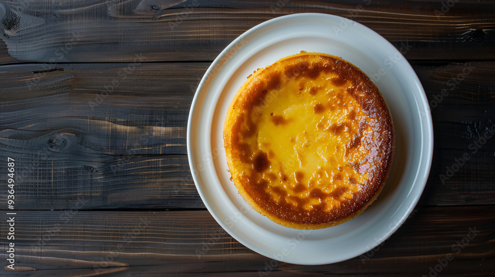 Freshly baked burnt basque cheesecake on white plate, dark wooden table, sweet aroma, golden brown top, promising delightful culinary experience Freshly baked burnt basque cheesecake on white plate, dark wooden table, sweet aroma, golden brown top, promising delightful culinary experience