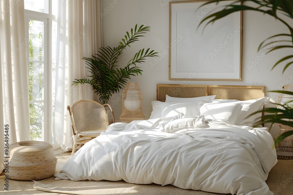 Fototapeta premium Serene and Cozy Bedroom with Natural Light and Minimalist Decor