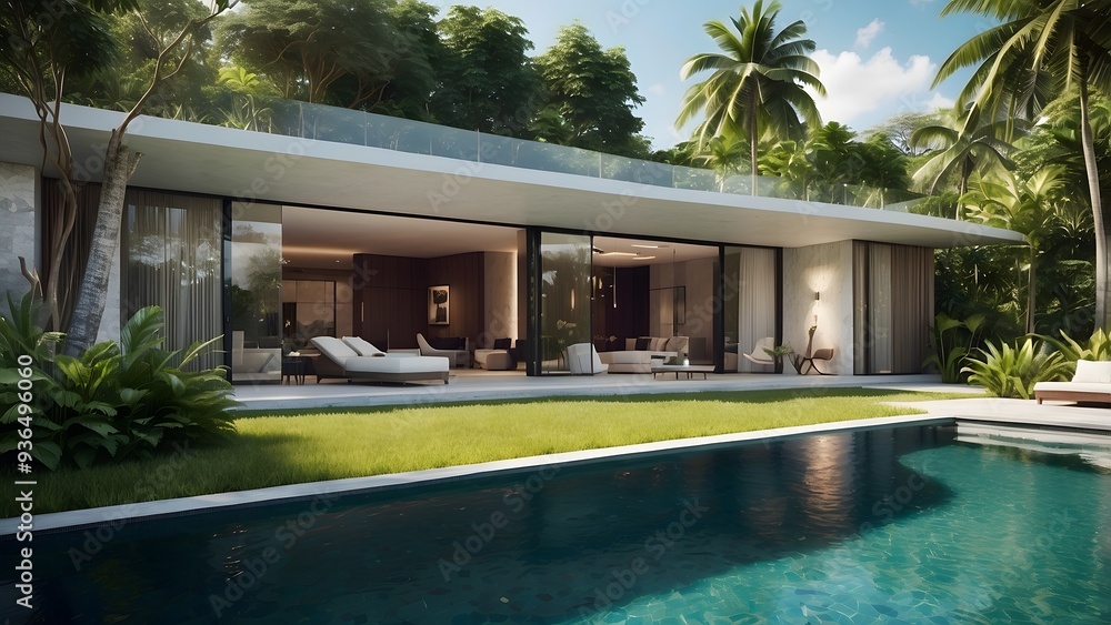 Fototapeta premium Architectural exterior design of lush green backyard of a palace with a crystal clear swimming pool filled with water of a house 