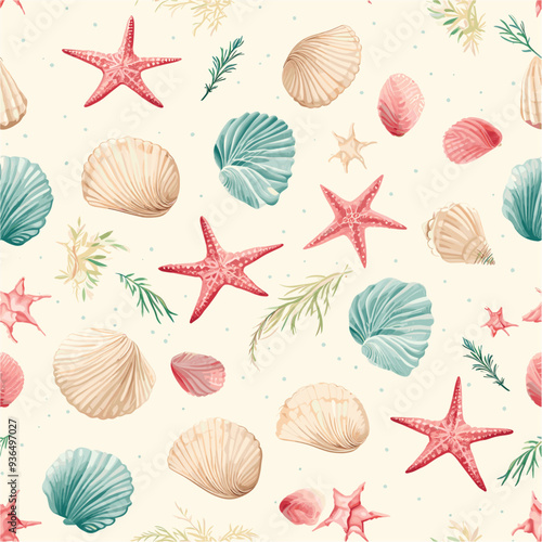 A summer pattern of diverse shell types and starfish