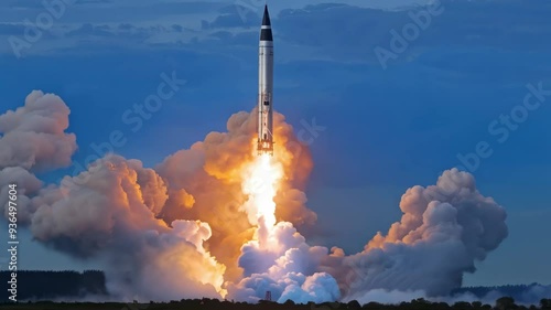 Powerful intercontinental ballistic missile is launching into the sky, leaving a trail of fire and smoke