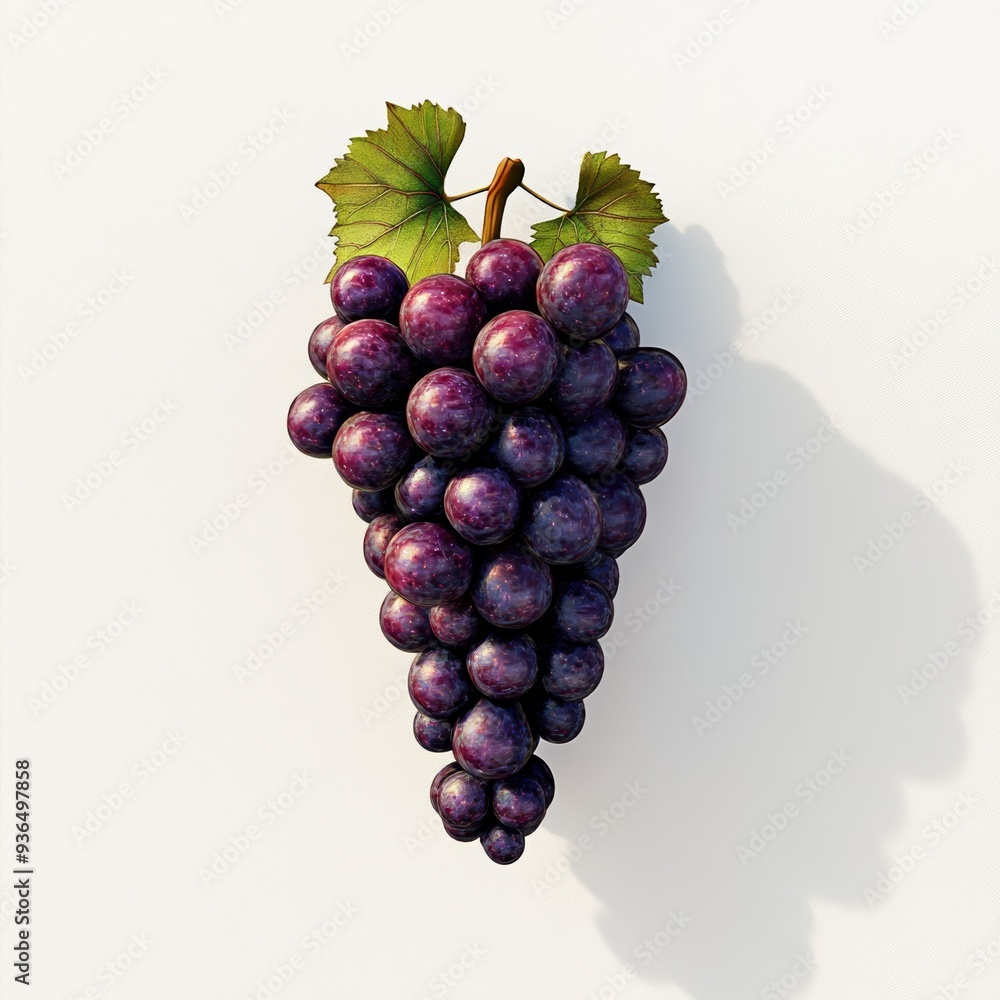 Fototapeta premium Single grape cluster isolated on a white background, featuring realistic textures and vibrant colors, with shadow detail enhancing the depth