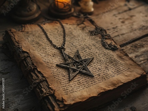 An antique book with a pentagram necklace lying on top of it. The book is open with worn, yellowed pages, and the pentagram pendant is made of silver or iron, with an intricate design. photo