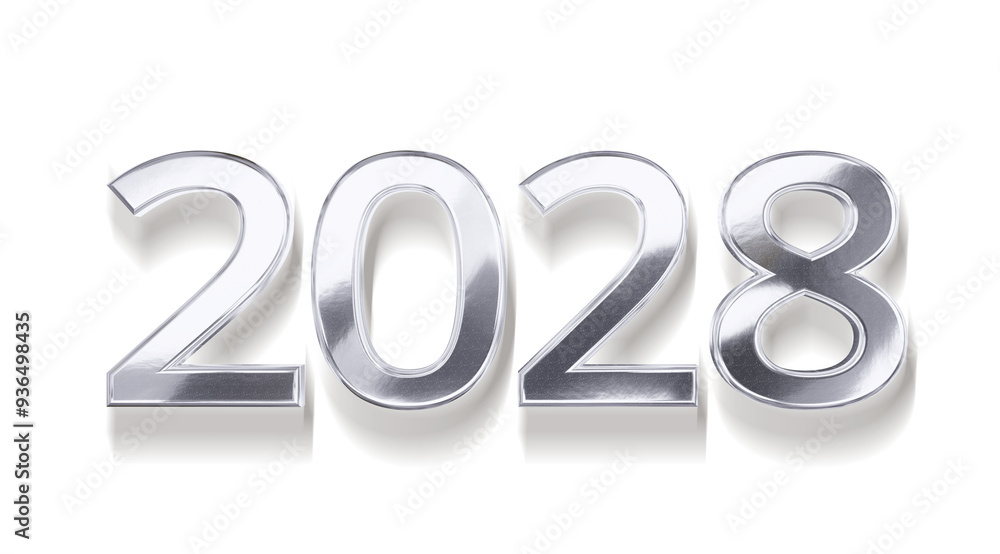 2028 silver metallic new year symbol 3d-illustration, long ground-shadow 2028 silver metallic new year symbol 3d-illustration, long ground-shadow