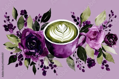 Artistic green tea latte with floral arrangement on purple background