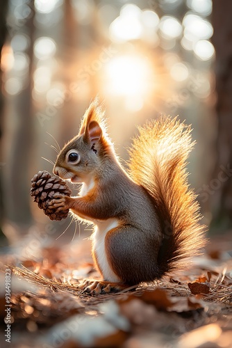 Beautiful professional photo of a squirrel with a lump in the woods photo