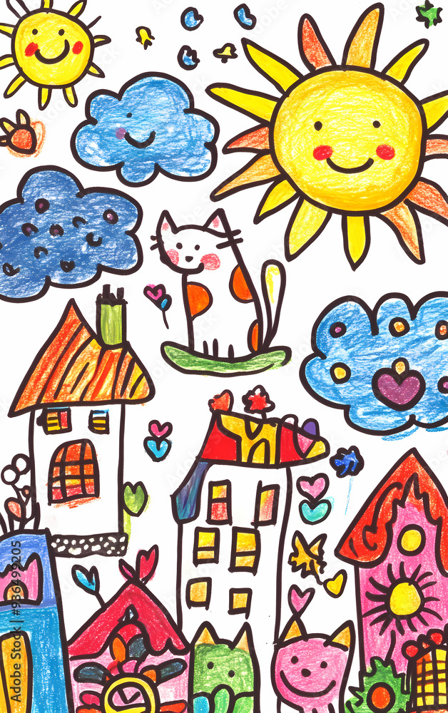 Obraz premium Colorful Crayon Drawing of Sun, Houses, Flowers, and a Smiling Cat in Childlike Art Style with Simple Shapes and Bold Lines in a Cheerful and Playful Outdoor Scene