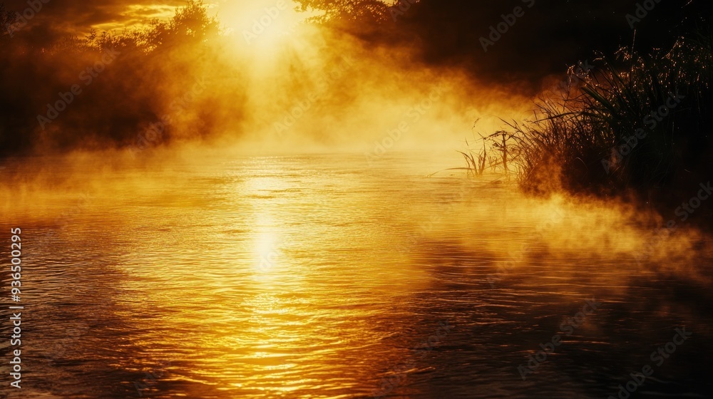 Golden Sunrise over Misty River Golden Sunrise over Misty River