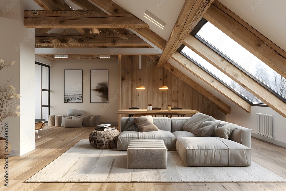 Naklejka premium Cozy Modern Loft with Exposed Beams and Natural Light