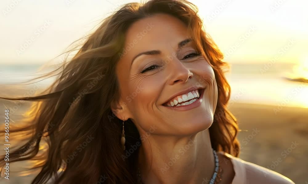 Portrait of a beautiful mature woman smiling at the beach at sunset Portrait of a beautiful mature woman smiling at the beach at sunset