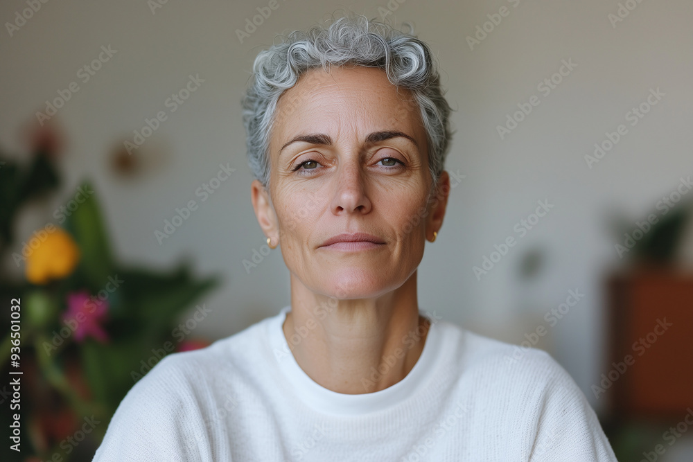 Empowered mature woman with short gray hair is posing in her home, emanating confidence and self-acceptance Empowered mature woman with short gray hair is posing in her home, emanating confidence and self-acceptance