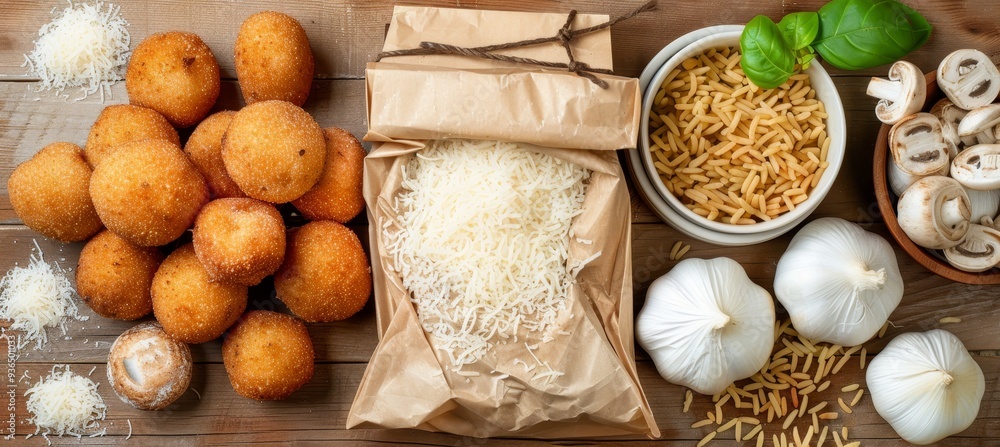 Arancini, Italian Rice Balls Rustic Culinary Scene with Parmesan, Mushrooms, Garlic, and Herbs Arancini, Italian Rice Balls Rustic Culinary Scene with Parmesan, Mushrooms, Garlic, and Herbs