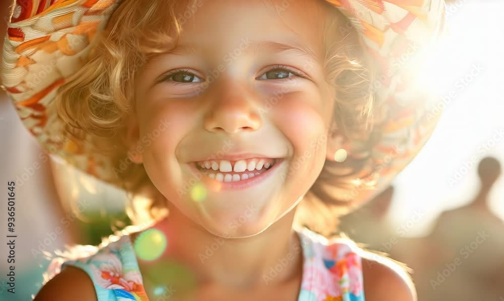 Portrait of smiling little girl in straw hat at beach during summer vacation Portrait of smiling little girl in straw hat at beach during summer vacation