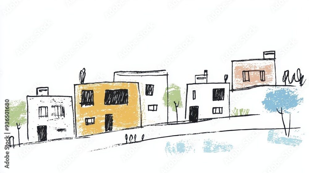 Obraz premium Charming hand-drawn townhouses on a hill in minimalist style