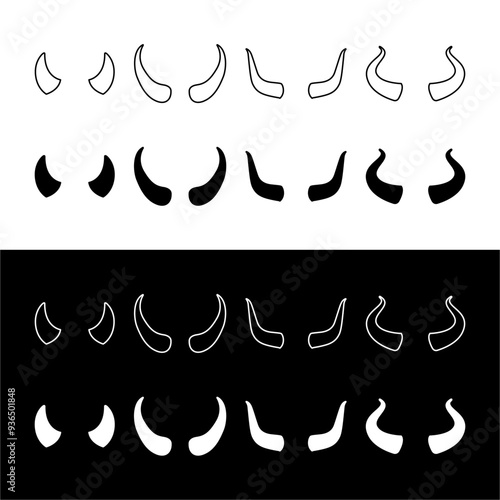 Various devil horn idea templates. Animal horns, halloween event. Demon head accessories design for camera, avatar, party costume, fantasy, cartoon, mask, character game, carnival