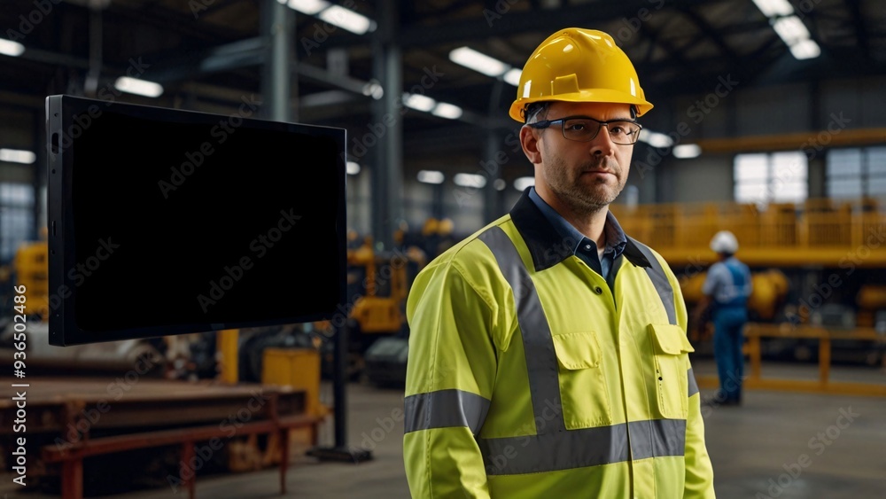 Blank screen monitor and senior worker employee in factory industry. Blank screen monitor and senior worker employee in factory industry.