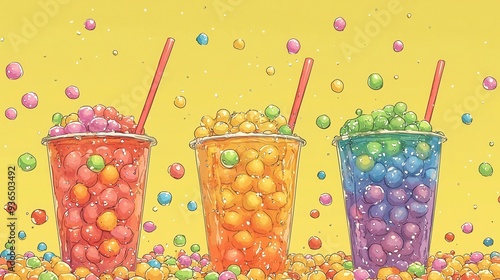 Colorful bubble tea cups overflowing with vibrant boba pearls on yellow background