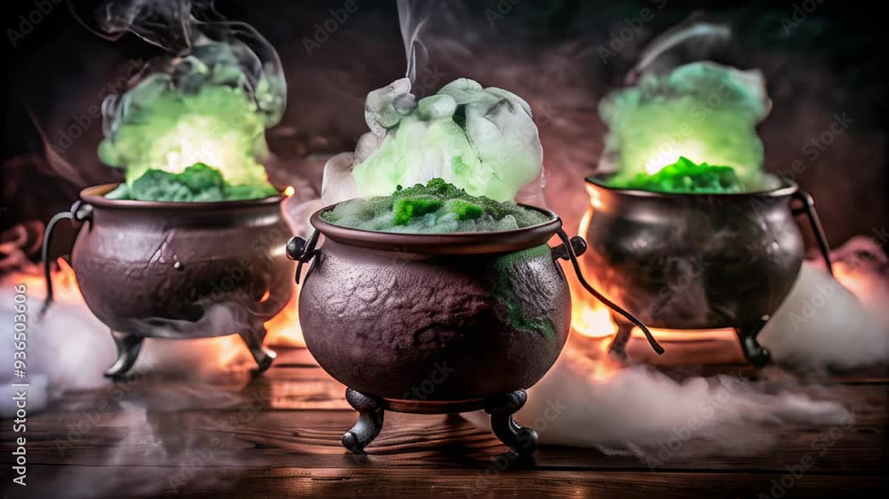 Three bubbling cauldrons with green, smoky potion emitting a mystical glow, arranged in a dark setting. Concept of Halloween, witchcraft, or magical potion brewing Three bubbling cauldrons with green, smoky potion emitting a mystical glow, arranged in a dark setting. Concept of Halloween, witchcraft, or magical potion brewing