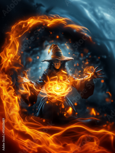 Formidable sorceress invokes powerful flames and enchanting magic, demonstrating her vast mastery within a mystical and dark atmosphere filled with swirling energies