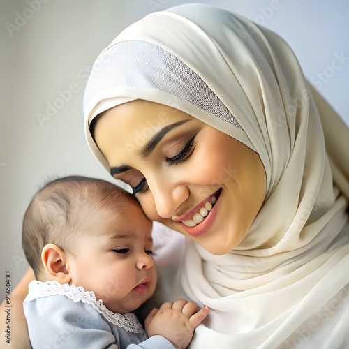  a  cute and beautiful young muslim mother holding her baby