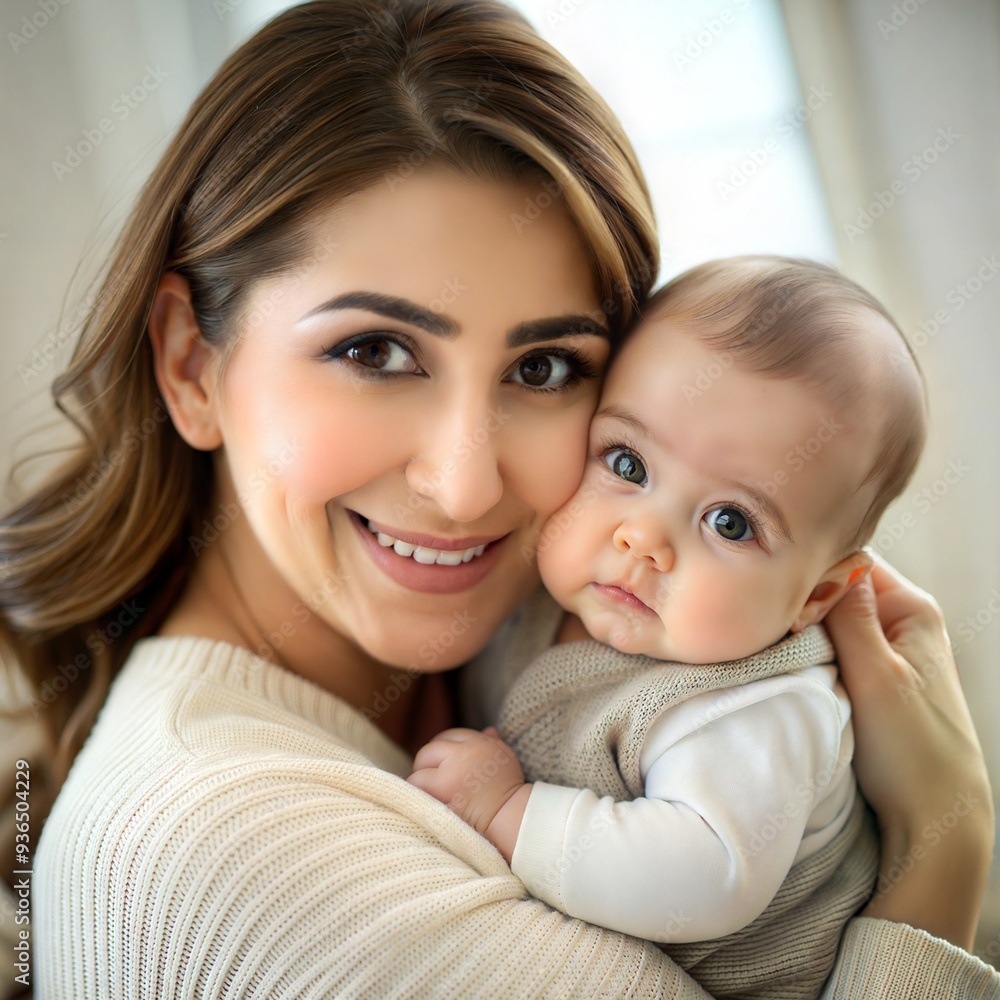 Young mother holding her little baby in her arms, light background Young mother holding her little baby in her arms, light background