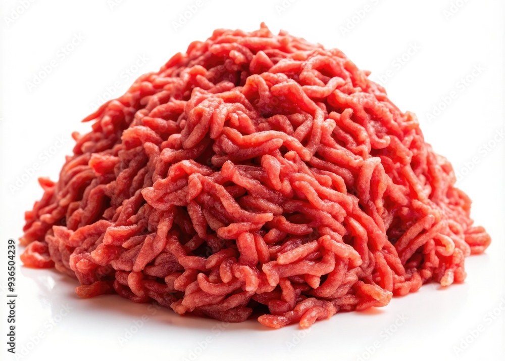 Freshly ground raw meat sits neatly on a crisp white background, its vibrant red color and coarse texture invitingly showcased in high-definition detail. Freshly ground raw meat sits neatly on a crisp white background, its vibrant red color and coarse texture invitingly showcased in high-definition detail.