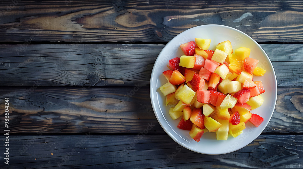 Vibrant fruit salad on a rustic wooden table is served on a white plate Vibrant fruit salad on a rustic wooden table is served on a white plate