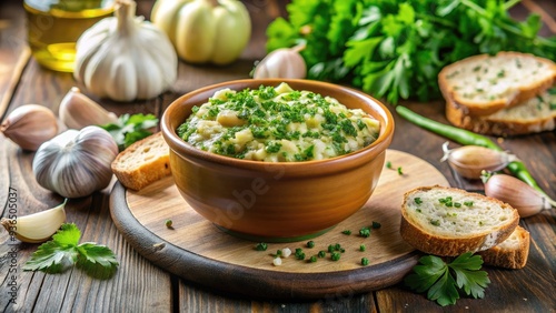 Freshly minced garlic mixed with olive oil and parsley in a small ceramic bowl, served as a savory dip for crusty bread or vegetables.