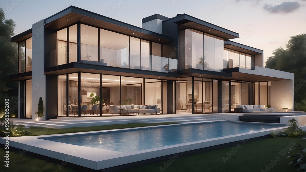 Fototapeta premium Architectural exterior design of lush green backyard of a palace with a crystal clear swimming pool filled with water of a house 