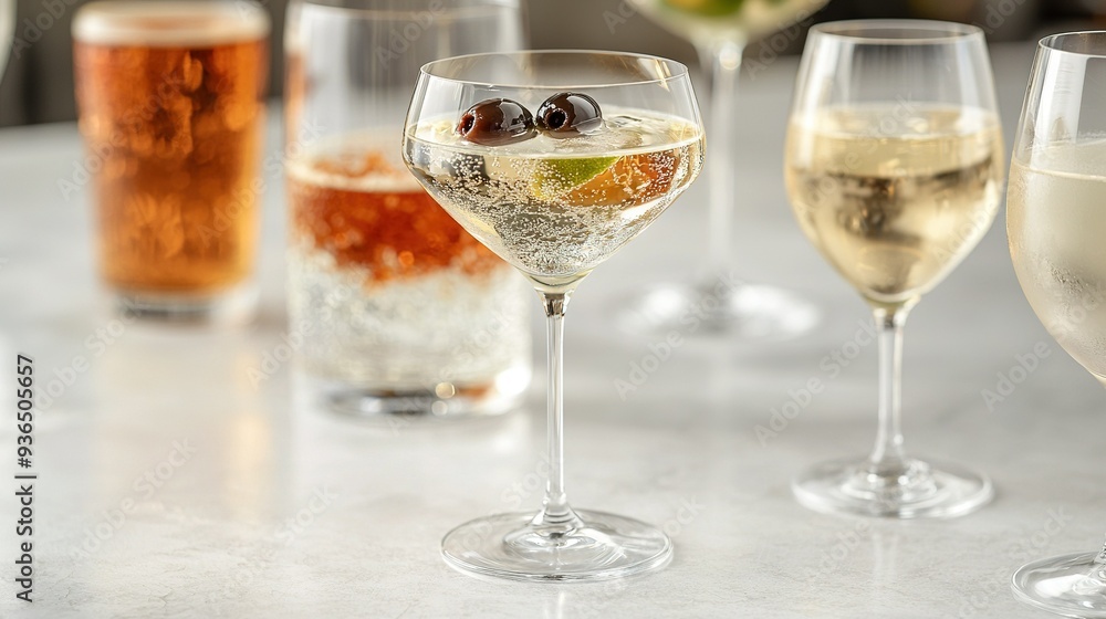 A collection of wine glasses arranged on a white table surface alongside a glass containing assorted wines A collection of wine glasses arranged on a white table surface alongside a glass containing assorted wines