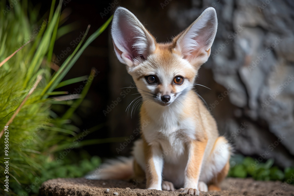 A cute baby fox sitting on a rock. The fox has large ears and a small tail A cute baby fox sitting on a rock. The fox has large ears and a small tail