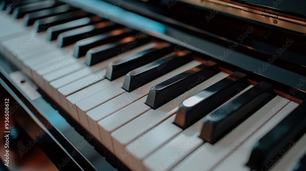 Closeup of black and white piano musical instrument keyboard keys. Classical melody sound concert performance entertainment, pianist musician synthesizer equipment Closeup of black and white piano musical instrument keyboard keys. Classical melody sound concert performance entertainment, pianist musician synthesizer equipment