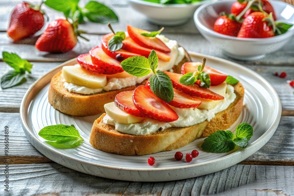 Fresh ricotta bruschetta topped with sliced pear and strawberry, garnished with fresh mint leaves, arranged artistically on a rustic white wooden table, ready for serving. Fresh ricotta bruschetta topped with sliced pear and strawberry, garnished with fresh mint leaves, arranged artistically on a rustic white wooden table, ready for serving.