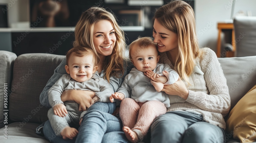 Two women joyfully seated on a couch with two babies in cozy indoor setting during daylight hours Two women joyfully seated on a couch with two babies in cozy indoor setting during daylight hours