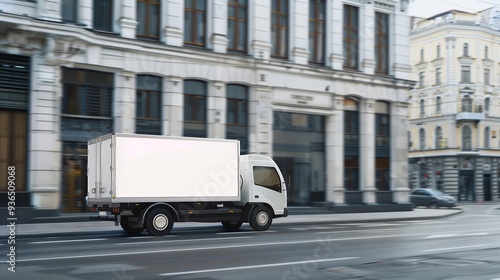 Empty blank white mockup on the small truck vehicle driving through the city street, template for advertisement. Commercial business transport delivery cargo, side view 