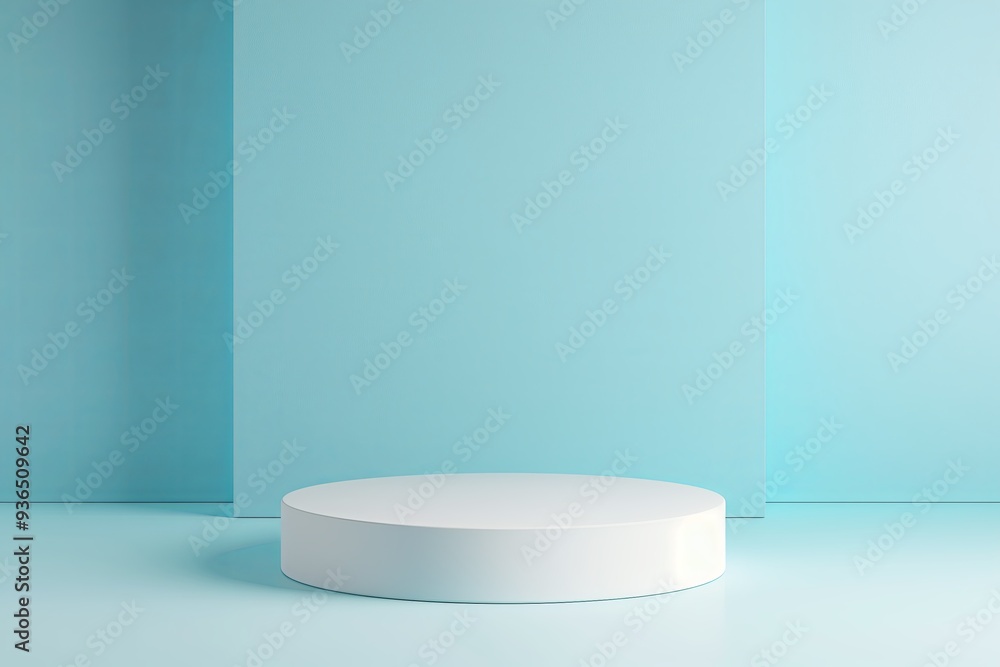 White cylindrical 3D podium in a soft blue empty space White cylindrical 3D podium in a soft blue empty space