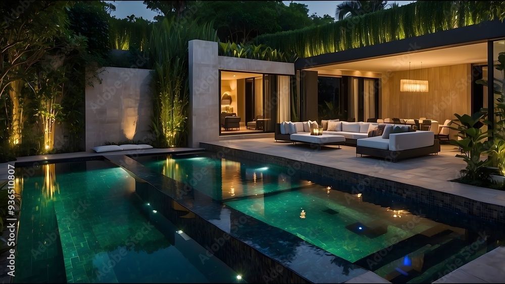 custom made wallpaper toronto digitalArchitectural exterior design of lush green backyard of a palace with a crystal clear swimming pool filled with water of a house 