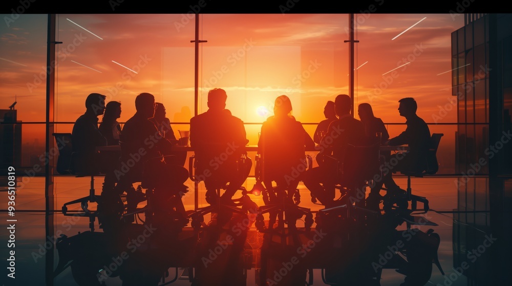 Office team meeting, silhouettes of company employees and coworkers sitting around the table and discussing business topics, corporation colleagues talking about success in economy at the sunset Office team meeting, silhouettes of company employees and coworkers sitting around the table and discussing business topics, corporation colleagues talking about success in economy at the sunset