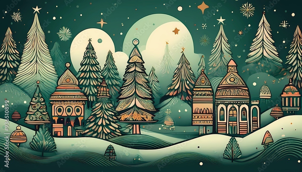 Christmas landscape in different colors, delicate pastel, strong colors and natural illustrations Christmas landscape in different colors, delicate pastel, strong colors and natural illustrations