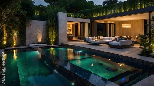 Wallpaper Mural Architectural exterior design of lush green backyard of a palace with a crystal clear swimming pool filled with water of a house  Torontodigital.ca