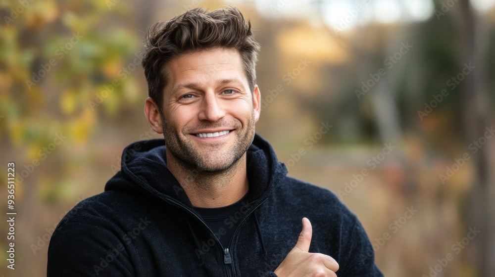 Handsome American Man Smiling Outdoors During a Sunny Autumn Day Thumb Up Handsome American Man Smiling Outdoors During a Sunny Autumn Day Thumb Up