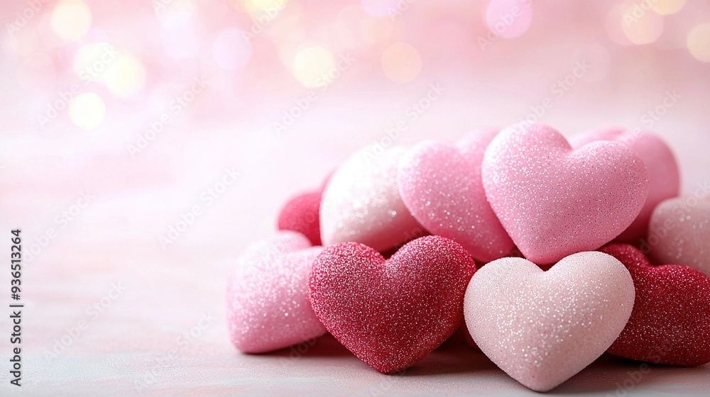 Obraz premium A heart-shaped scene of pink and white hearts arranged atop a pink tablecloth, illuminated by a pink and white Booke of Lights in the backdrop