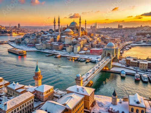 Frozen winter morning landscape of Istanbul's Bosporus Strait, featuring iconic bridges, towers, and historic EminÃ¶nÃ¼ Square, Galata, and BeyoÄŸlu districts in Istanbul, Turkey. photo