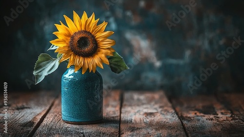   Yellow sunflower in blue vase on wooden table against dark background with copy space #936514409