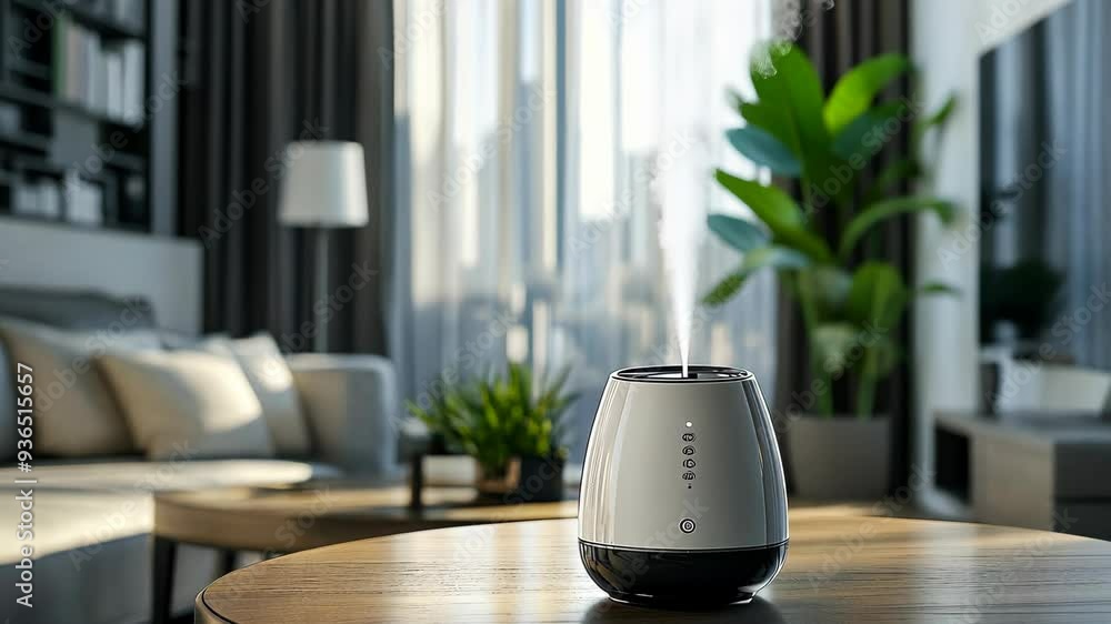 Modern air humidifier in modern living room interior. Essential oil aroma diffuser emitting mist, enhancing air quality. Home wellness and relaxation. Humidity control. Modern air humidifier in modern living room interior. Essential oil aroma diffuser emitting mist, enhancing air quality. Home wellness and relaxation. Humidity control.