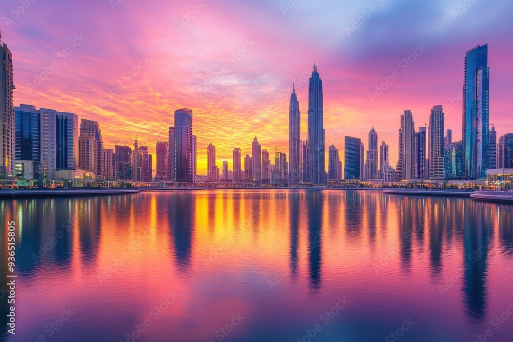 Obraz premium A city skyline is reflected in a body of water, generative ai image