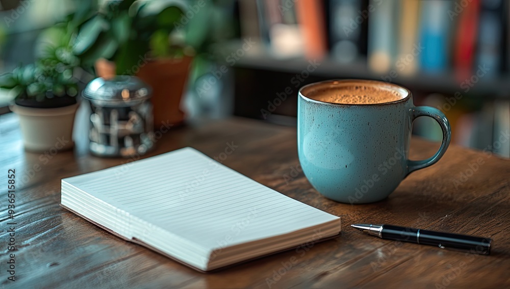 Coffee, Notebook, and Pen on a Wooden Table Coffee, Notebook, and Pen on a Wooden Table