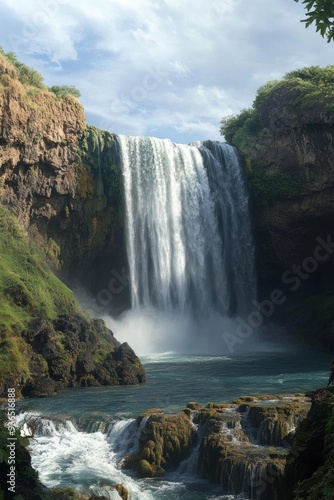 Majestic Waterfall Cascading Into Tranquil Pool in Lush Greenery