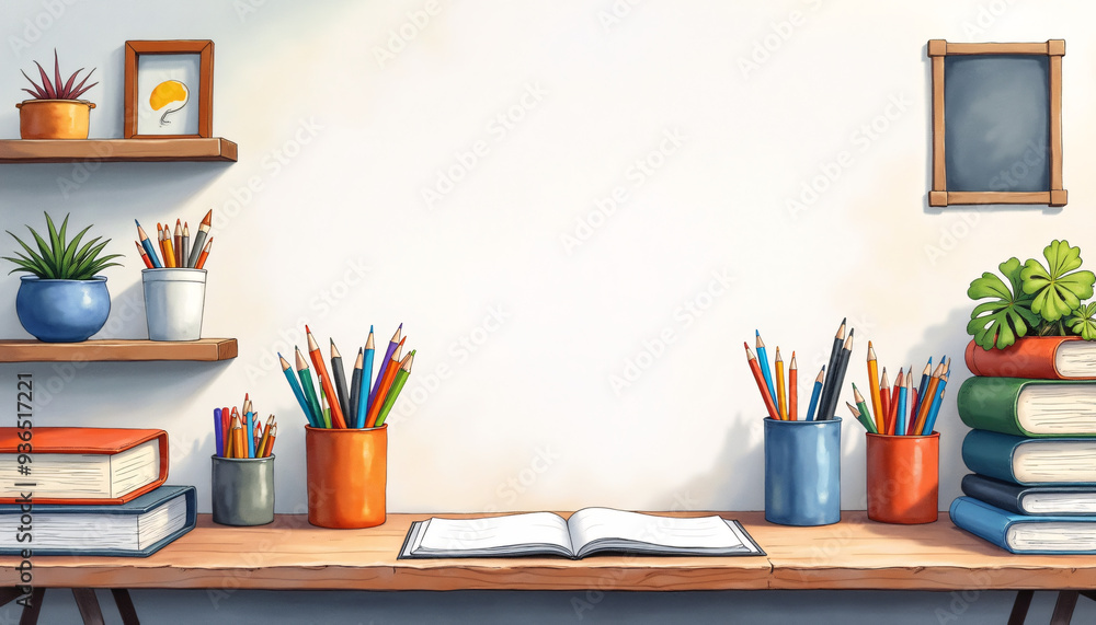 A teacher’s desk thoughtfully with supplies educational materials and a welcoming atmosphere. A teacher’s desk thoughtfully with supplies educational materials and a welcoming atmosphere.