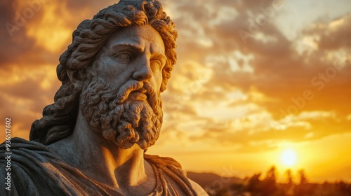 Statue of Zeus in ancient Greece at golden hour sunset. Greek Gods and mythology, head of Heracles